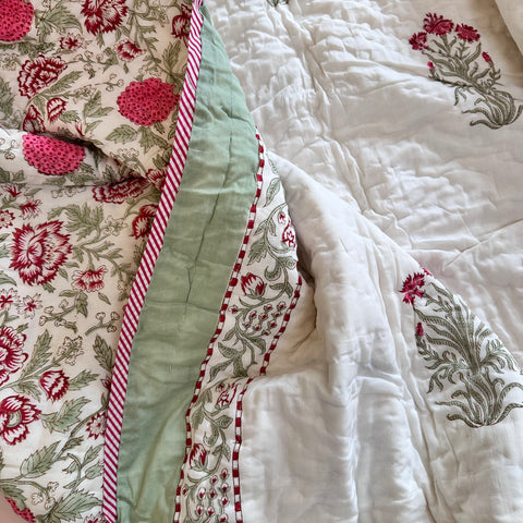 Pink Blossom Field Double Bed Hand Block Printed Quilt