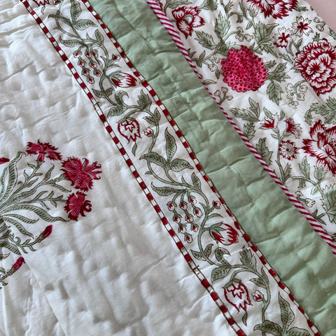 Pink Blossom Field Double Bed Hand Block Printed Quilt