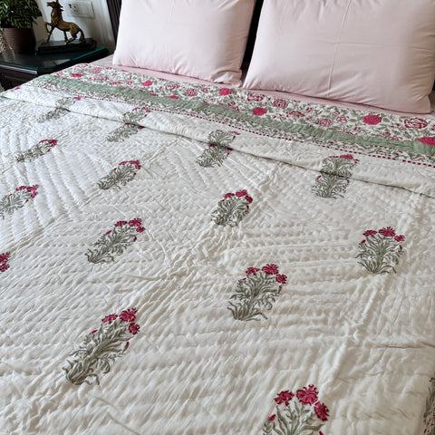 Pink Blossom Field Double Bed Hand Block Printed Quilt