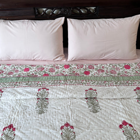 Pink Blossom Field Double Bed Hand Block Printed Quilt