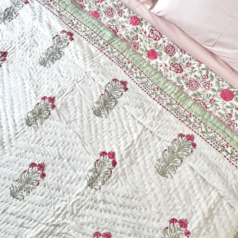 Pink Blossom Field Double Bed Hand Block Printed Quilt