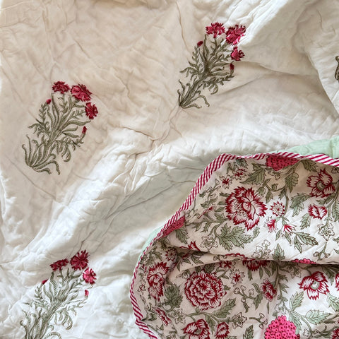 Pink Blossom Field Double Bed Hand Block Printed Quilt