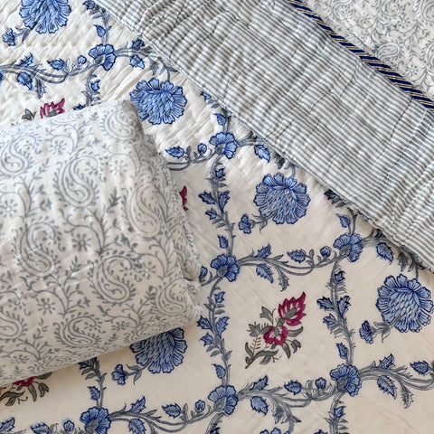 Blue Meadow Jaal Hand Block Printed Single-Bed Quilt