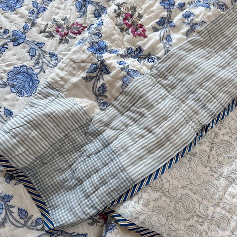 Blue Meadow Jaal Hand Block Printed Single-Bed Quilt