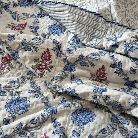 Blue Meadow Jaal Hand Block Printed Single-Bed Quilt