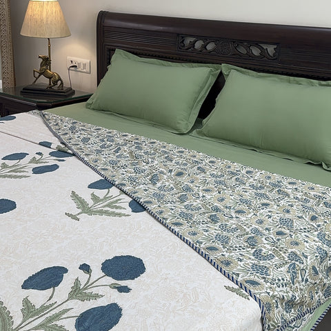 Blue Poppy Passion Block Printed Double Bed Dohar