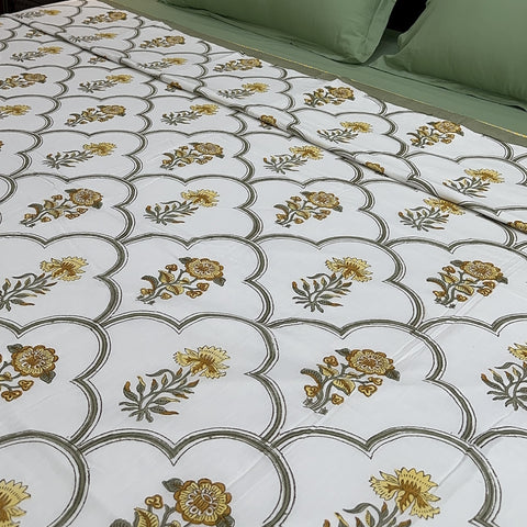 Golden Daffodil Bloom Block Printed Double Bed Dohar