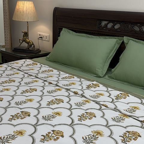 Golden Daffodil Bloom Block Printed Double Bed Dohar