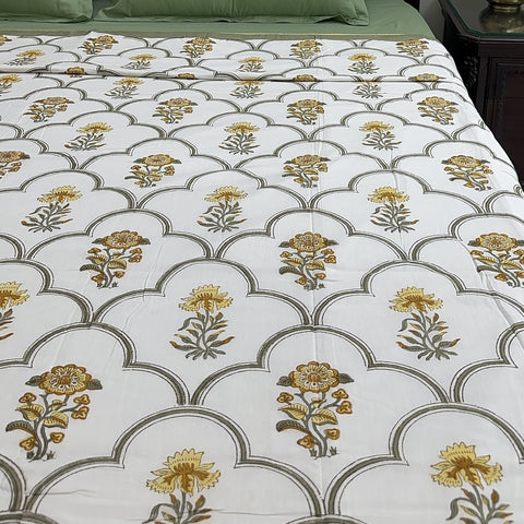 Golden Daffodil Bloom Block Printed Double Bed Dohar