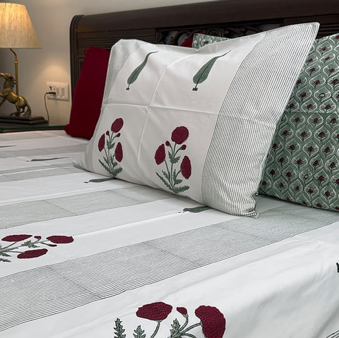 Crimson Carnation Block Printed Bedsheet