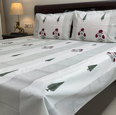 Crimson Carnation Block Printed Bedsheet