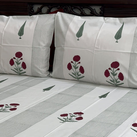 Crimson Carnation Block Printed Bedsheet