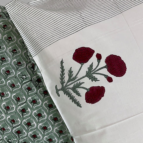 Crimson Carnation Block Printed Bedsheet