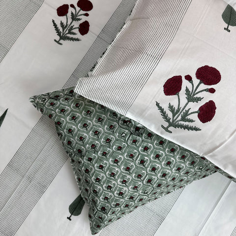 Crimson Carnation Block Printed Bedsheet