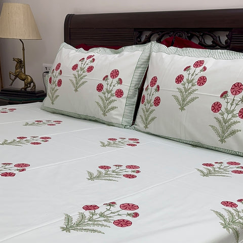 Mint Blossom Block Printed Bedsheet Green Base