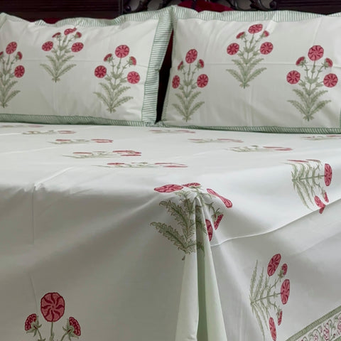 Mint Blossom Block Printed Bedsheet Green Base