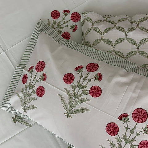 Mint Blossom Block Printed Bedsheet Green Base