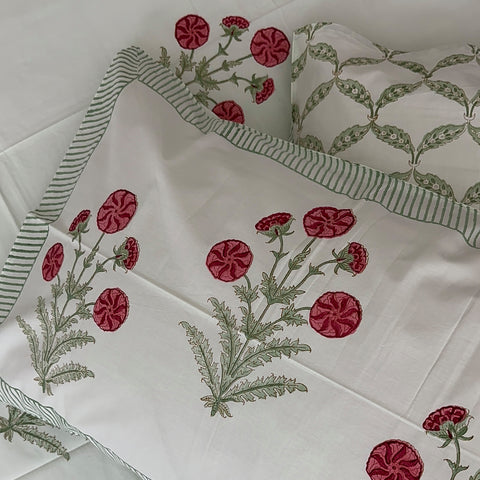 Mint Blossom Block Printed Bedsheet Green Base