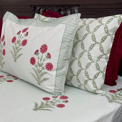 Mint Blossom Block Printed Bedsheet Green Base