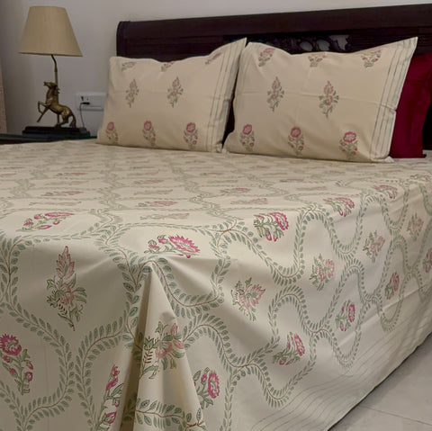 Neutral Garden Jaal Block Printed Bedsheet Cream Base