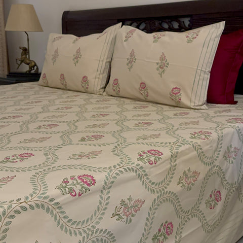 Neutral Garden Jaal Block Printed Bedsheet Cream Base