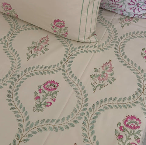 Neutral Garden Jaal Block Printed Bedsheet Cream Base