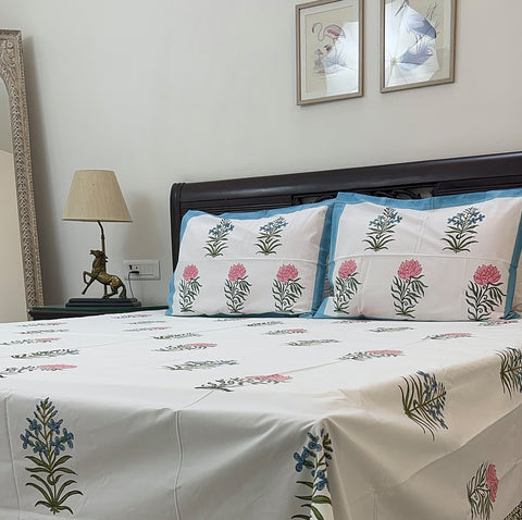 Azure Floral Cascade Block Printed Bedsheet