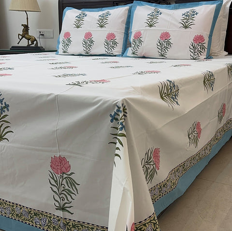 Azure Floral Cascade Block Printed Bedsheet