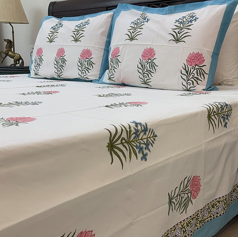 Azure Floral Cascade Block Printed Bedsheet