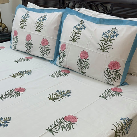 Azure Floral Cascade Block Printed Bedsheet