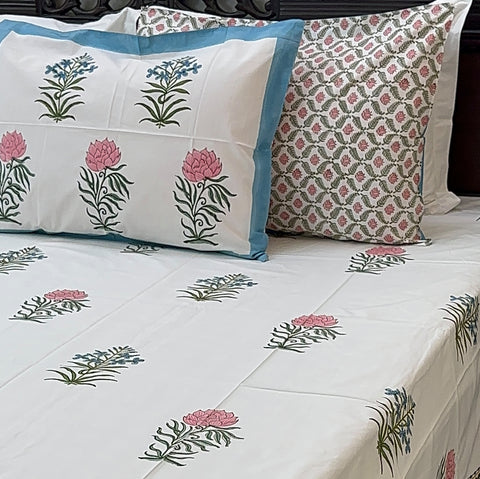 Azure Floral Cascade Block Printed Bedsheet