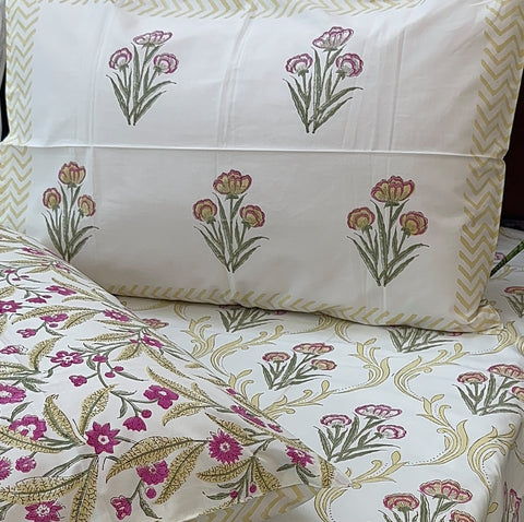 Golden Bloom Mesh Block Printed Bedsheet