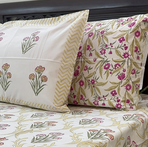 Golden Bloom Mesh Block Printed Bedsheet