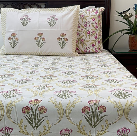 Golden Bloom Mesh Block Printed Bedsheet