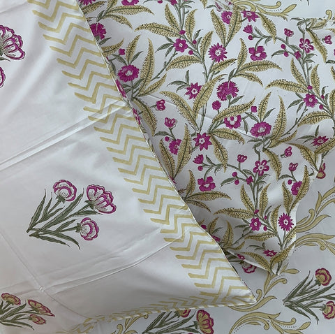 Golden Bloom Mesh Block Printed Bedsheet