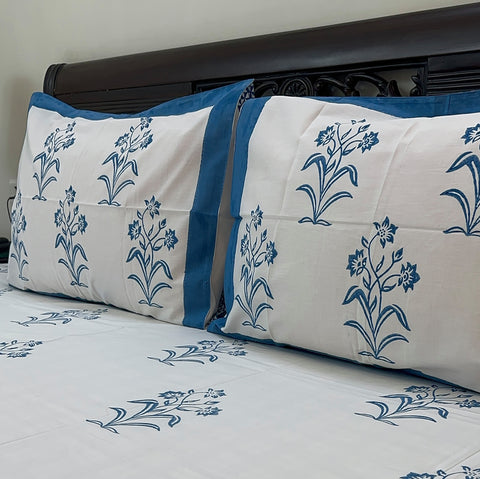 Urban Blue Garden Block Printed Bedsheet