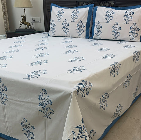 Urban Blue Garden Block Printed Bedsheet