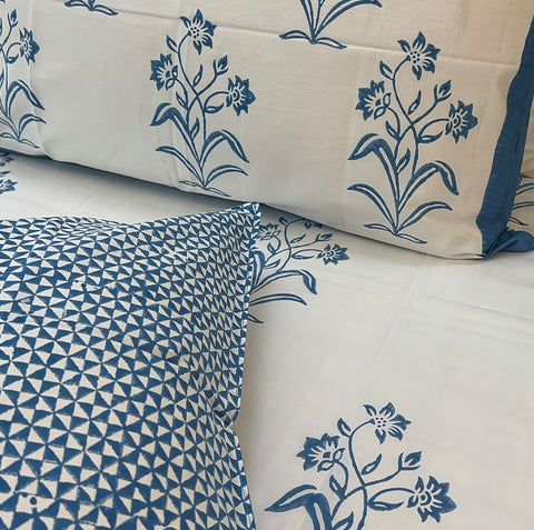 Urban Blue Garden Block Printed Bedsheet