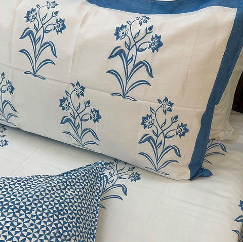 Urban Blue Garden Block Printed Bedsheet