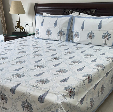 Blue Palm Jaal Block Printed Bedsheet