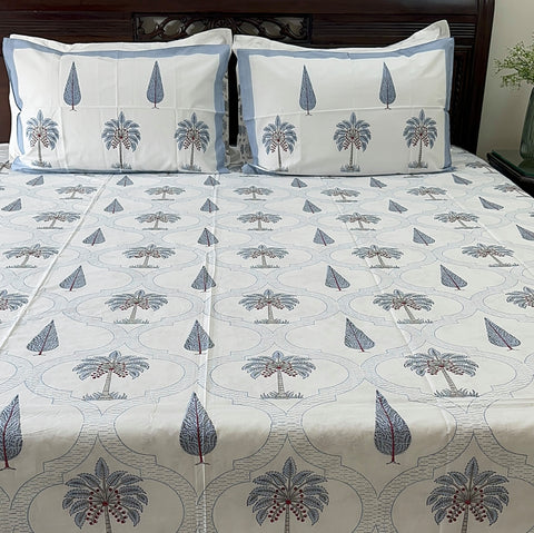 Blue Palm Jaal Block Printed Bedsheet