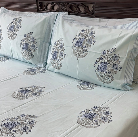 Serenade in Blue Blooms Block Printed Bedsheet Blue Base