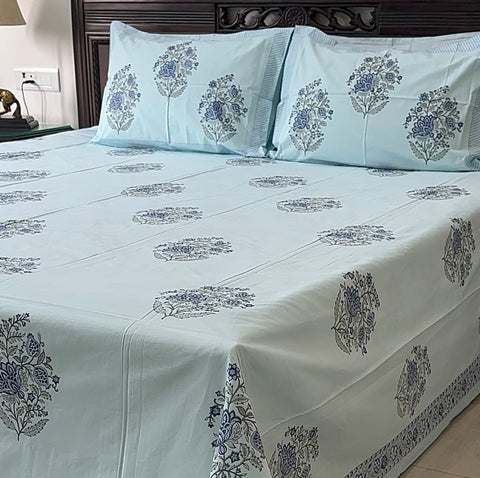 Serenade in Blue Blooms Block Printed Bedsheet Blue Base