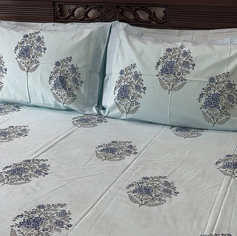 Serenade in Blue Blooms Block Printed Bedsheet Blue Base