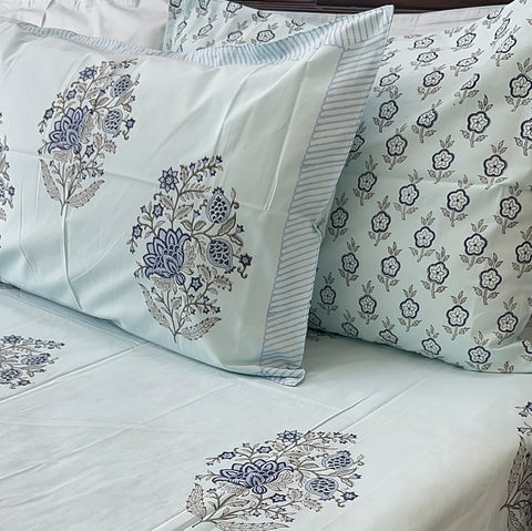 Serenade in Blue Blooms Block Printed Bedsheet Blue Base