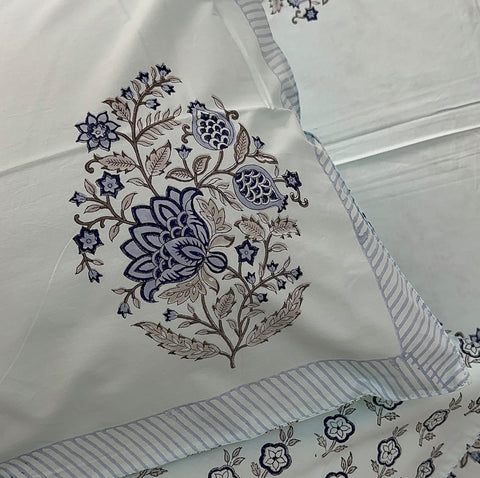 Serenade in Blue Blooms Block Printed Bedsheet Blue Base