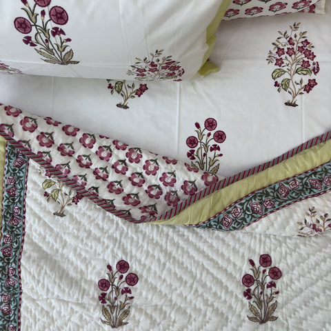 Pink Fluttering Floral Hand Block Printed Single-Bed Quilt