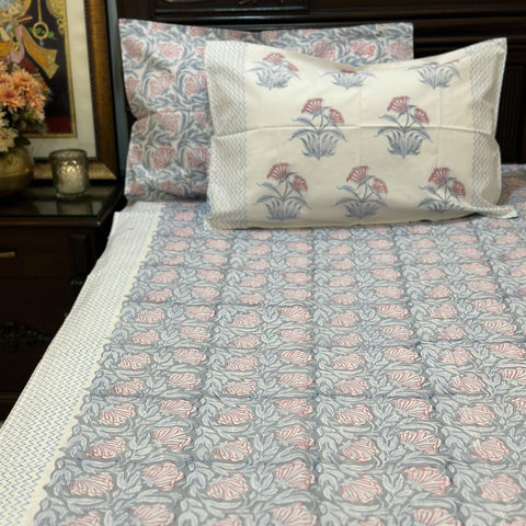 Smoky Petal Symphony Block Printed Bedsheet