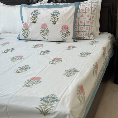 Azure Floral Cascade Block Printed Bedsheet