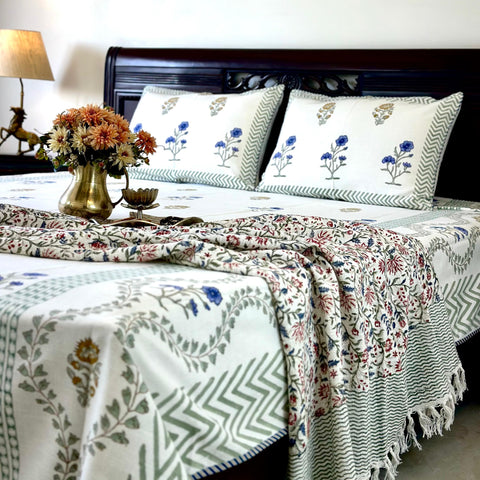 Floral Vines Slub Cotton Block Printed Bedcover